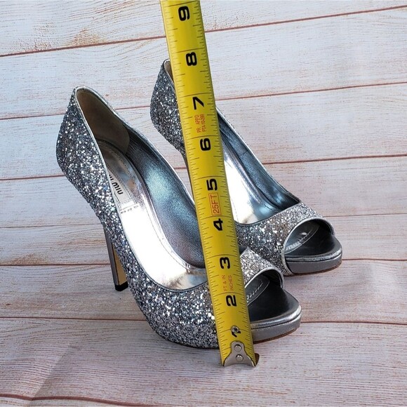 Miu Miu Glitter Peep Toe Stiletto Pumps - Picture 9 of 14